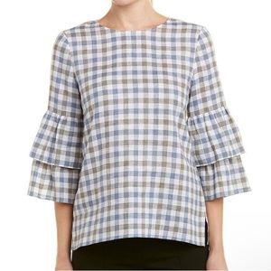 Lafayette 148 New York Linen Check Tiered-Sleeve Blouse